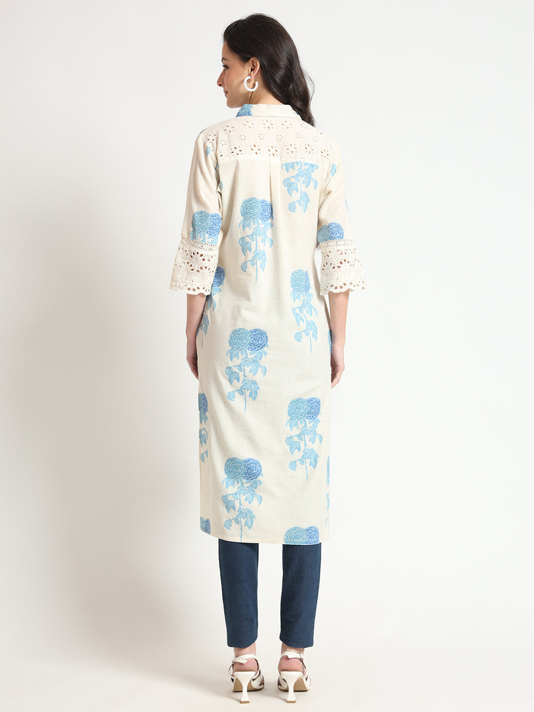 Cream Blue Floral Print Cotton Fabric A-Line Kurta