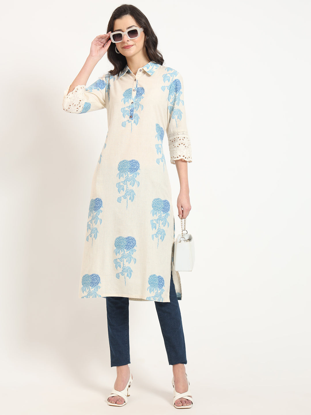 Cream Blue Floral Print Cotton Fabric A-Line Kurta