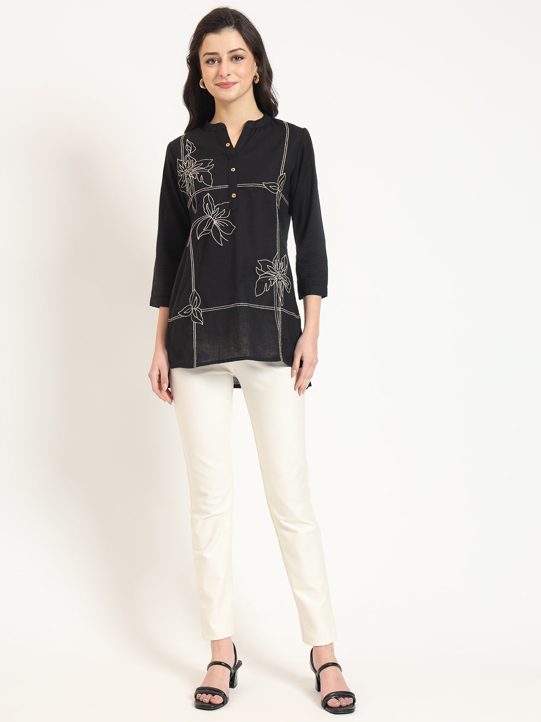 Black Embroidery Cotton Fabric Satraight Top