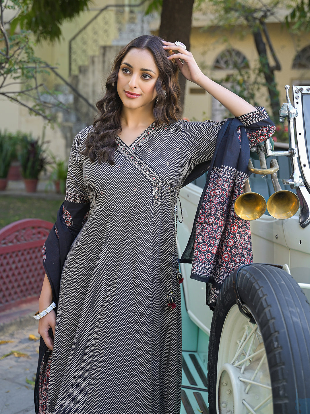 Black Printed Cotton Fabric Anarkali Kurta Pant With Dupatta