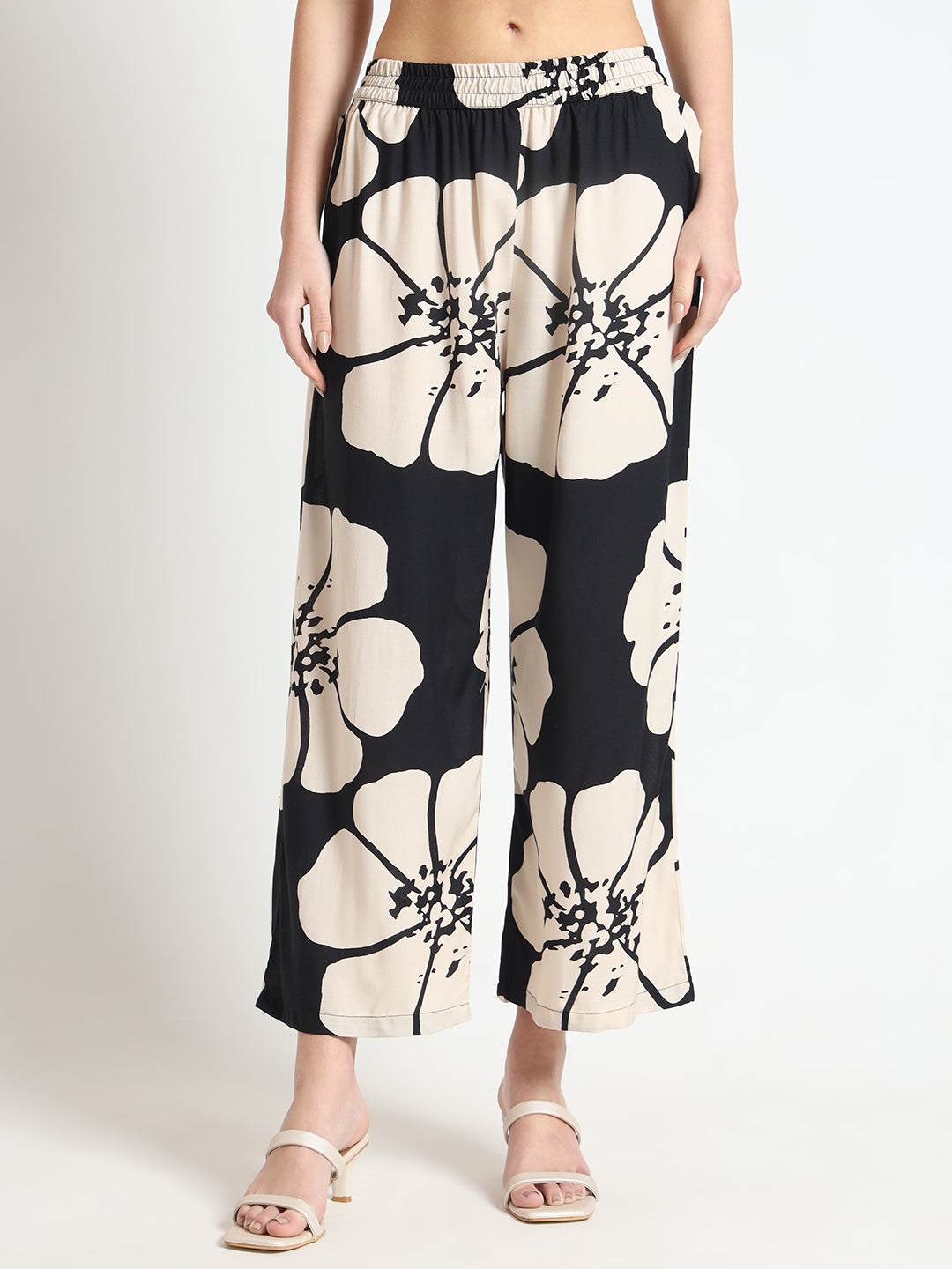 Black Floral Print Rayon Sleeveless Kurta with Pant