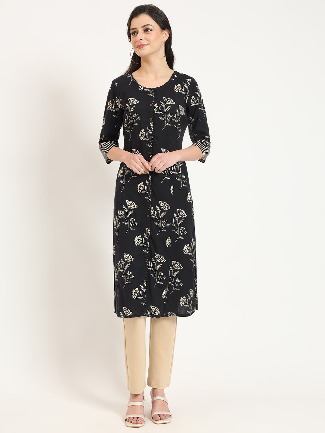 Black Floral Print Cotton Fabric A-line Kurta