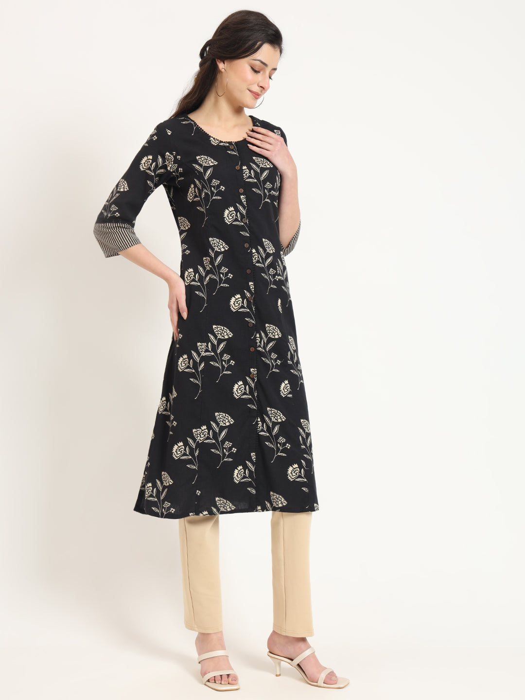 Black Floral Print Cotton Fabric A-line Kurta