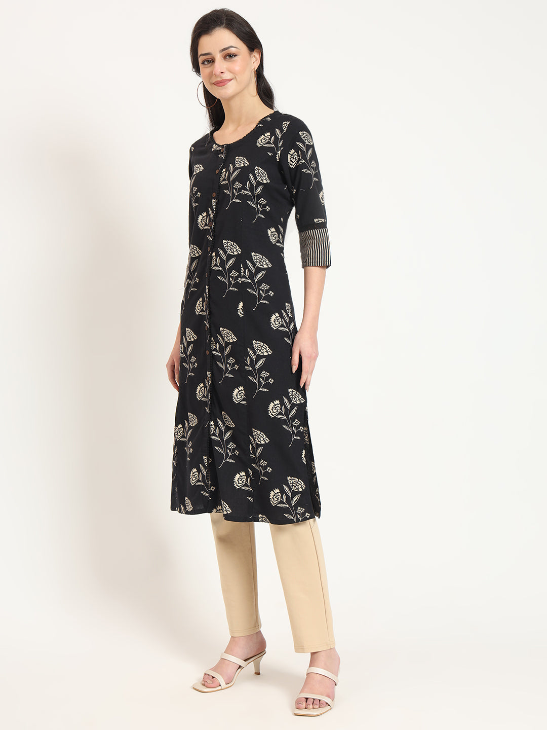 Black Floral Print Cotton Fabric A-line Kurta