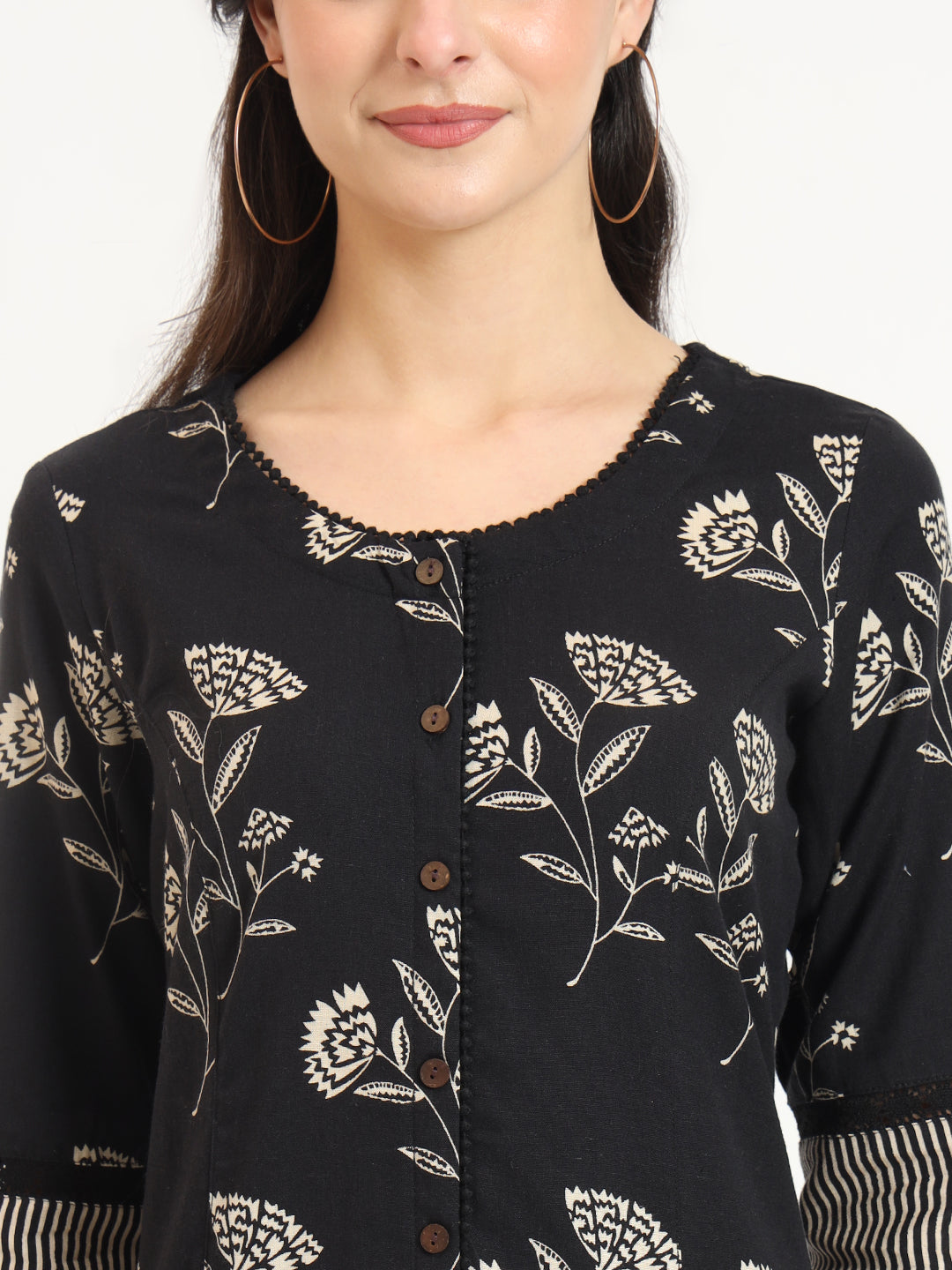 Black Floral Print Cotton Fabric A-line Kurta