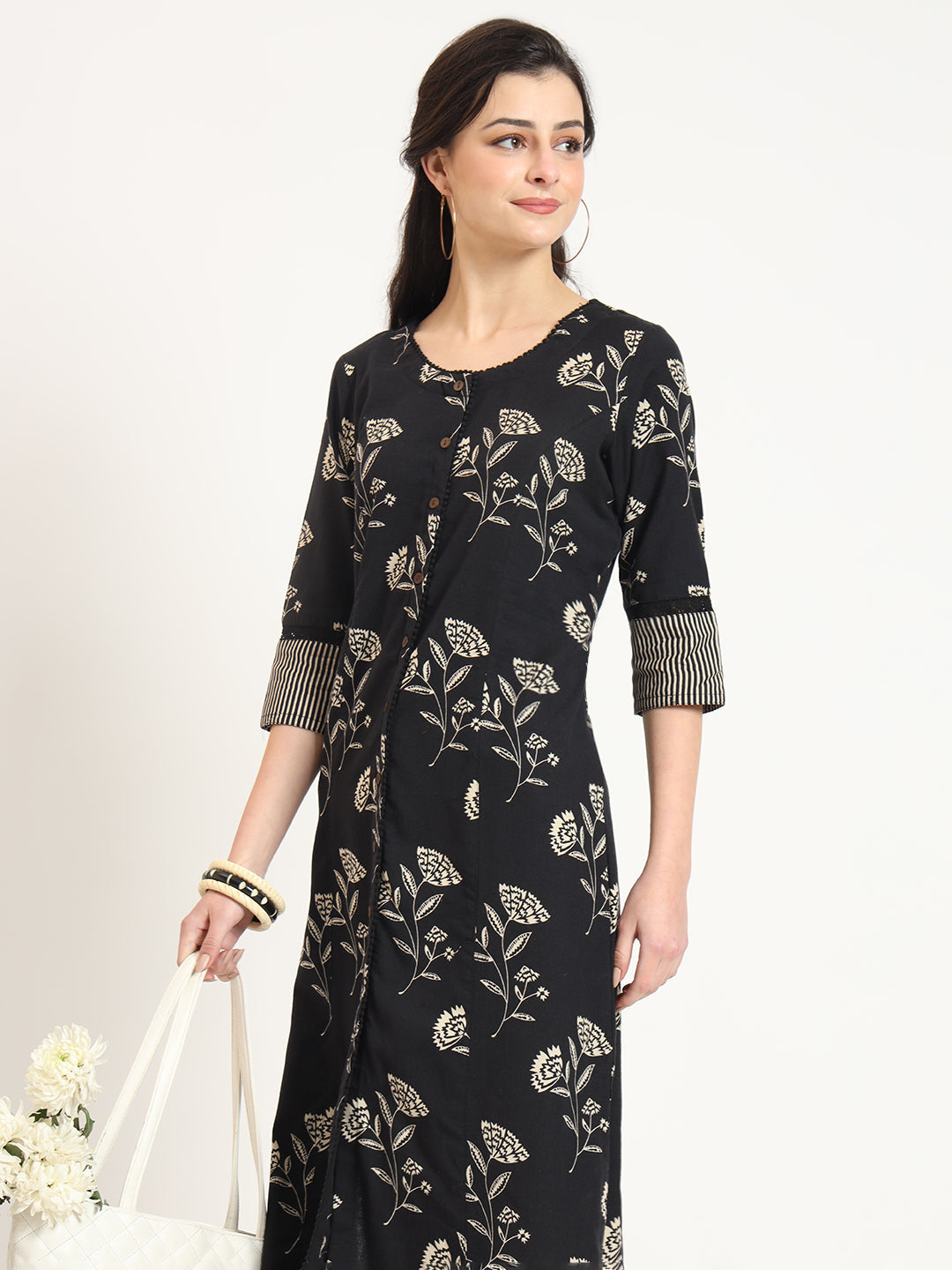 Black Floral Print Cotton Fabric A-line Kurta