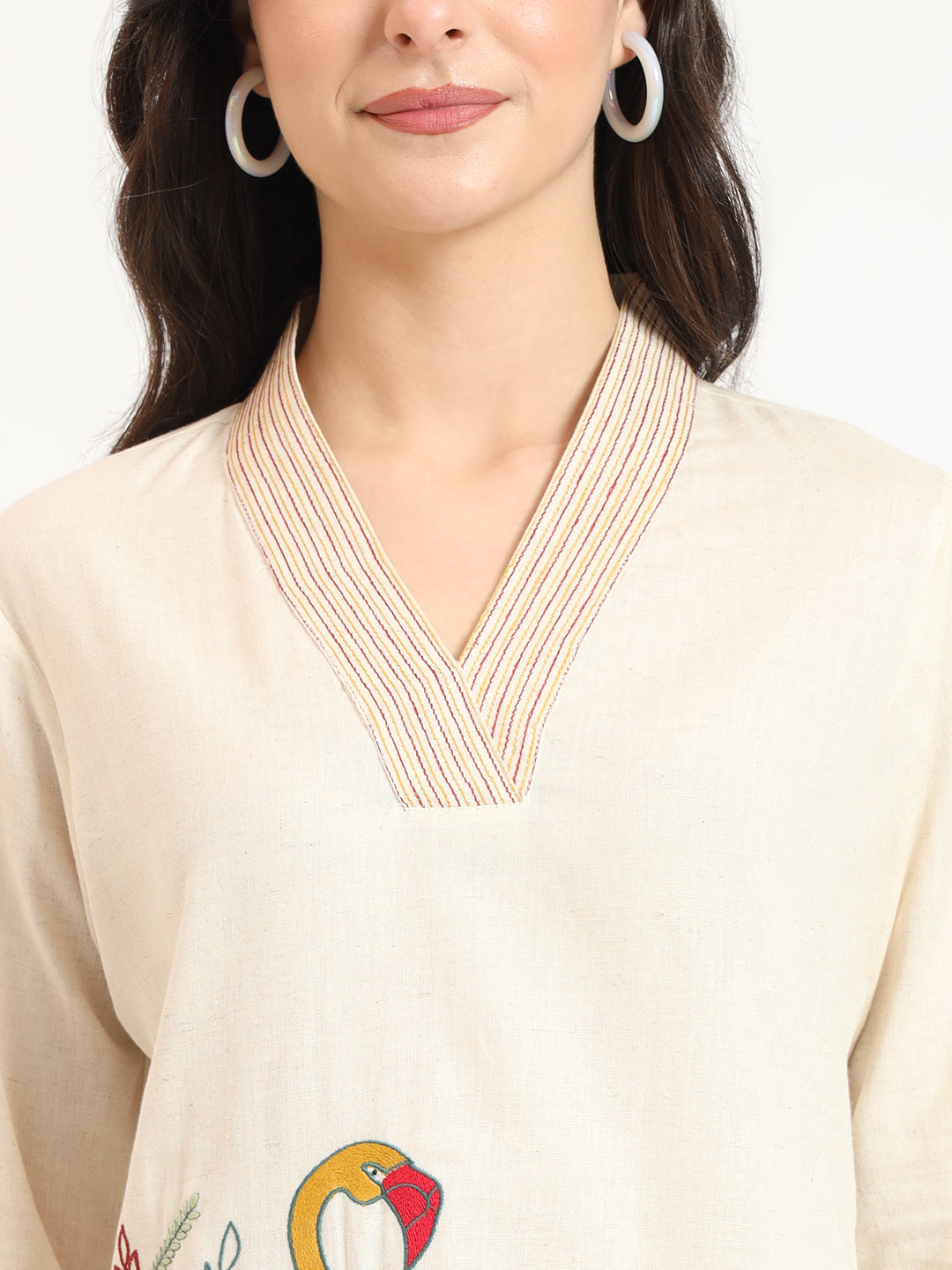 Off White Cotton V-Neck Embroidery Top