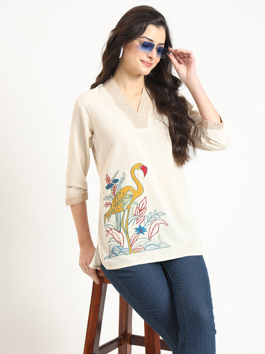 Off White Cotton V-Neck Embroidery Top