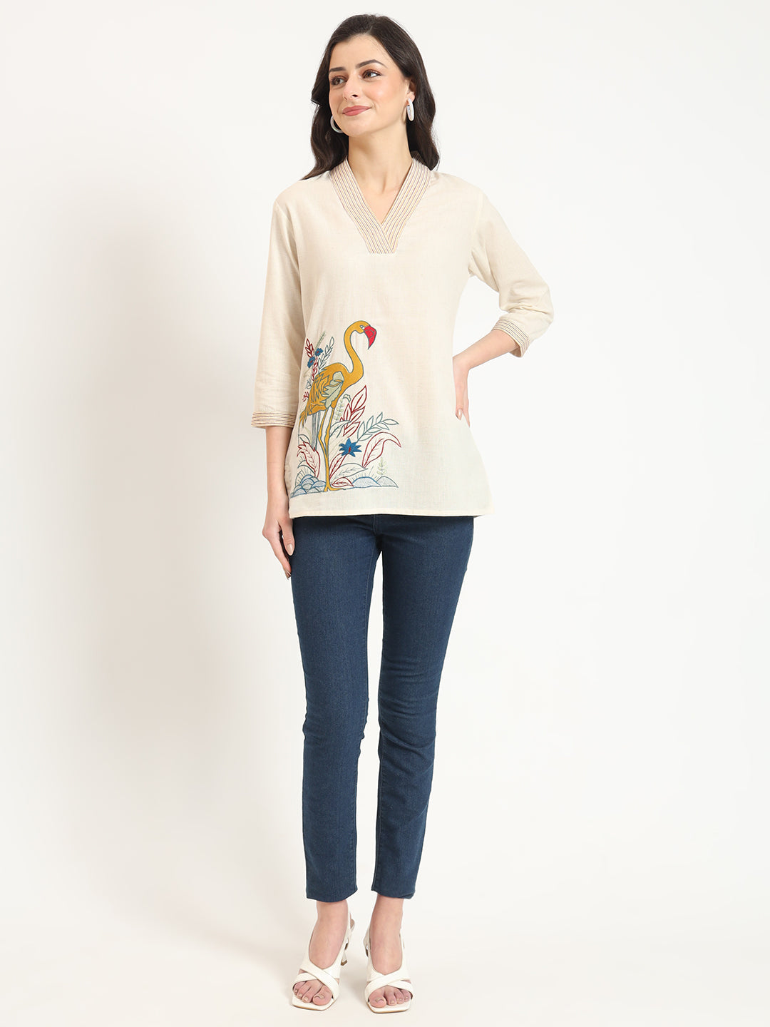 Off White Cotton V-Neck Embroidery Top