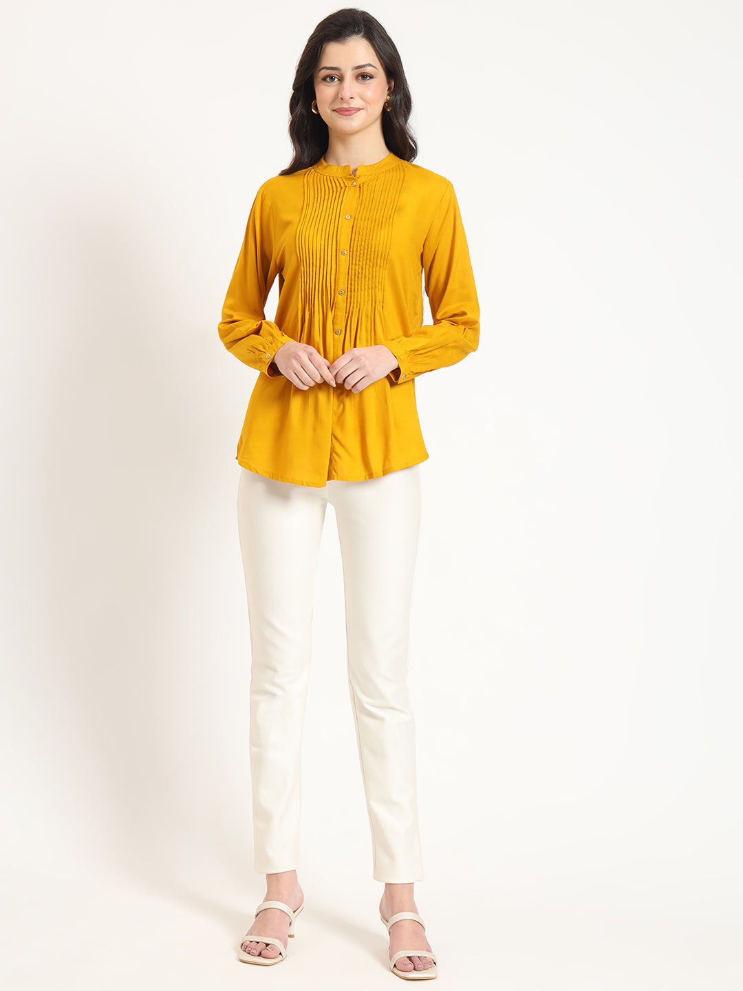 Mustard Solid Print Rayon Fabric Straight Top