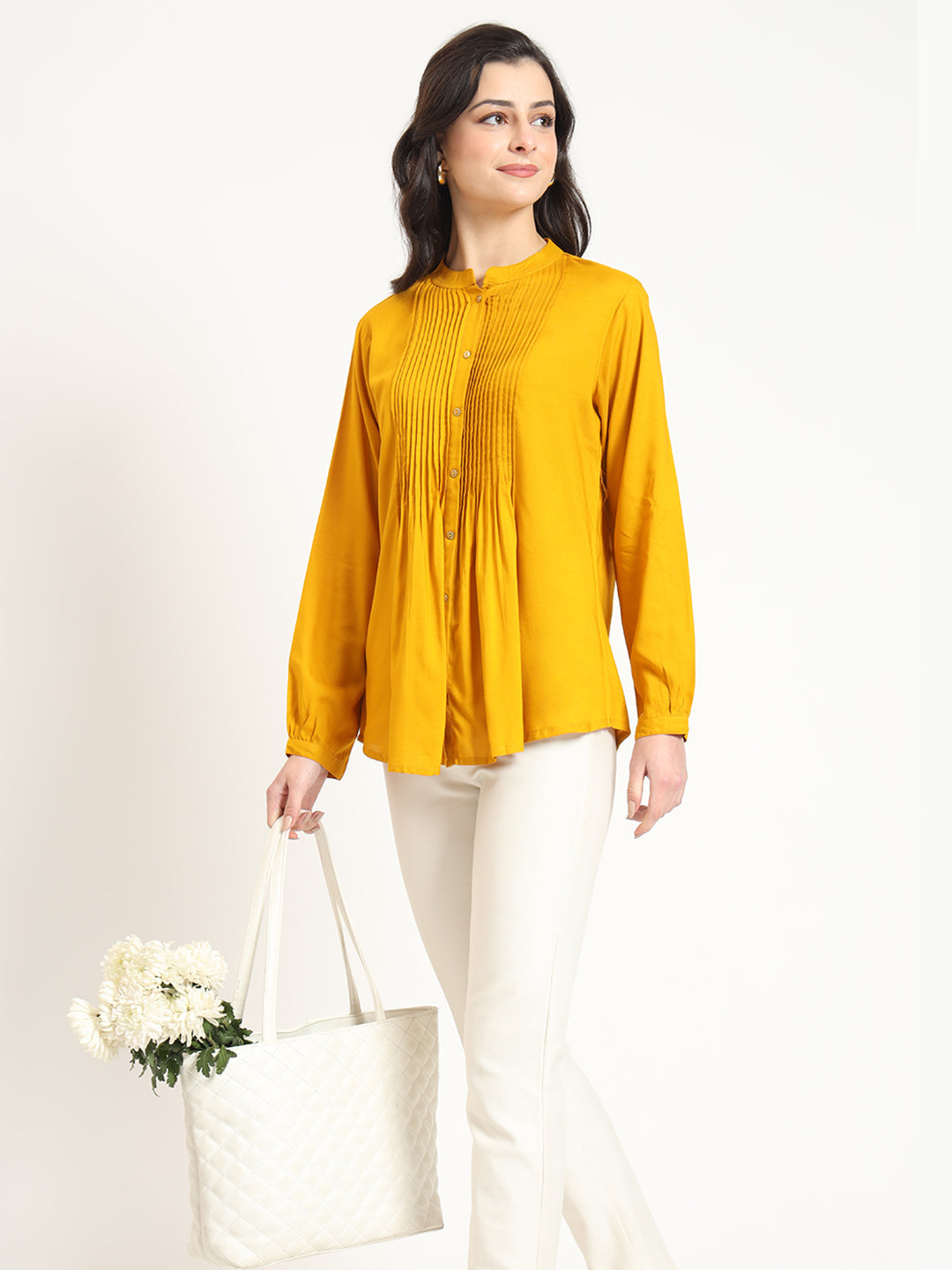 Mustard Solid Print Rayon Fabric Straight Top