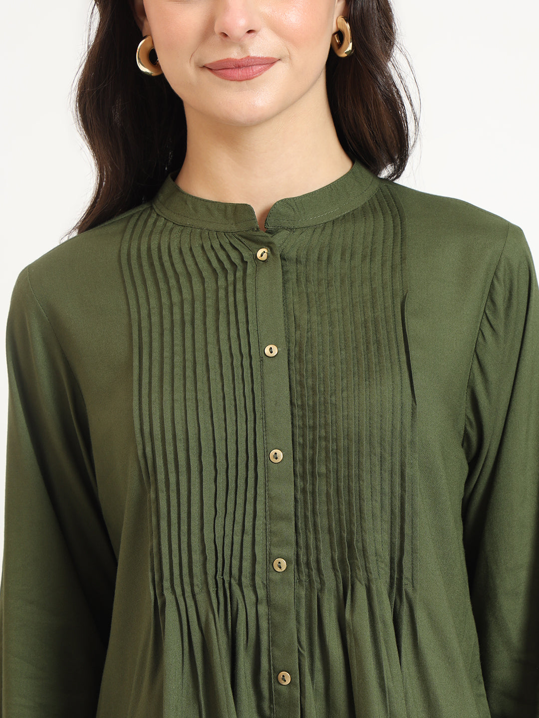 Olive Solid Print Rayon Pintuck Detailing Top