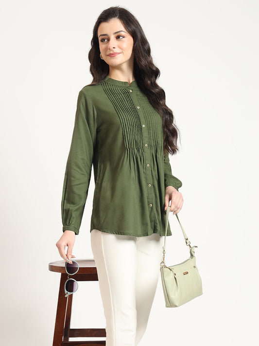 Olive Solid Print Rayon Pintuck Detailing Top