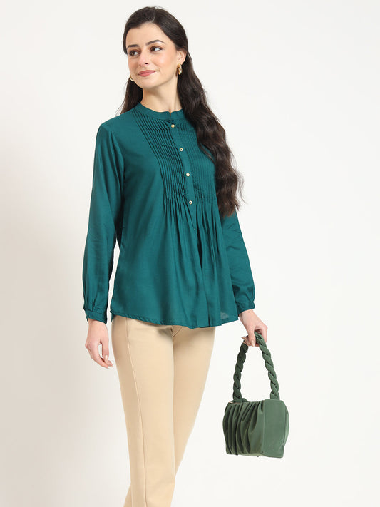 Turquoise Solid Print Rayon Fabric Straight Top