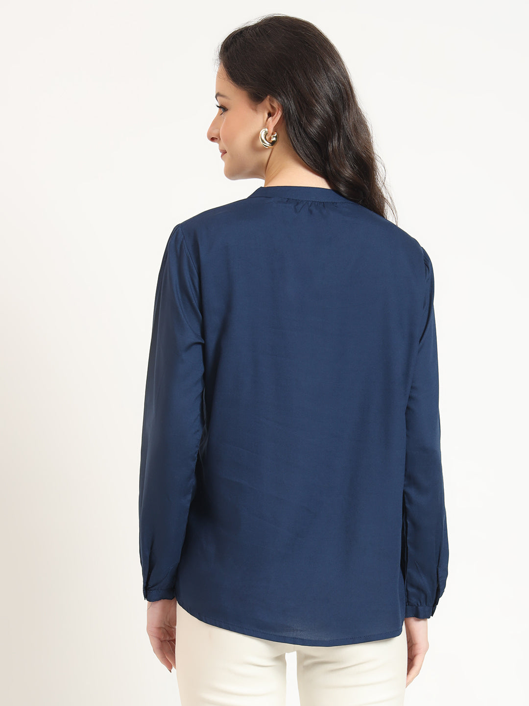 Navy Blue Solid Print Rayon Fabric Straight Top