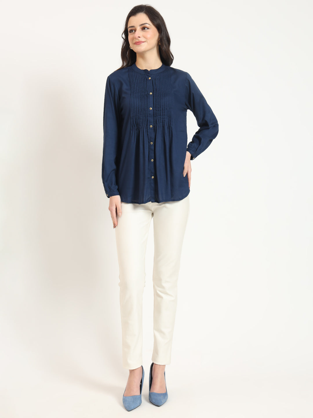 Navy Blue Solid Print Rayon Fabric Straight Top