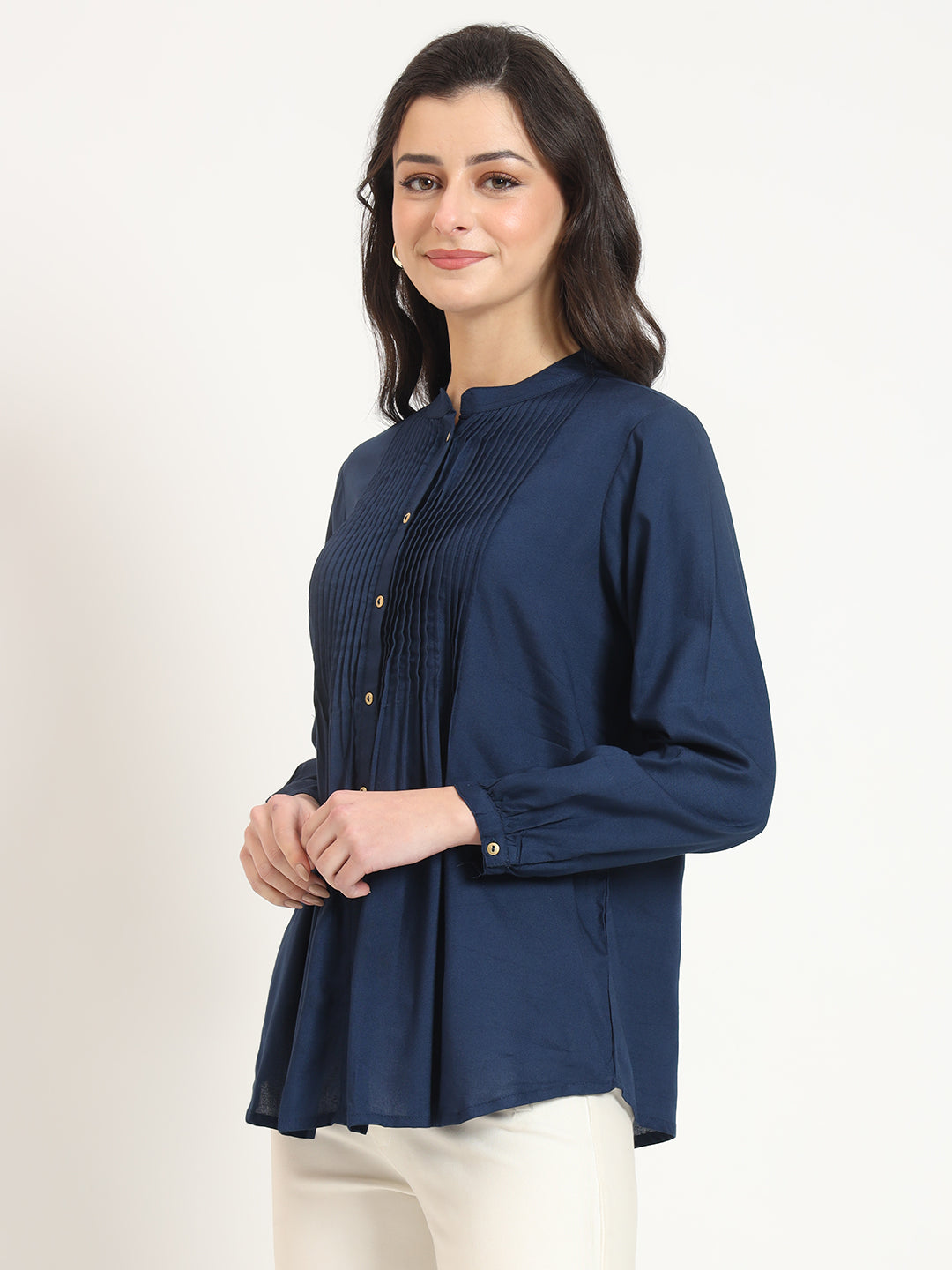 Navy Blue Solid Print Rayon Fabric Straight Top