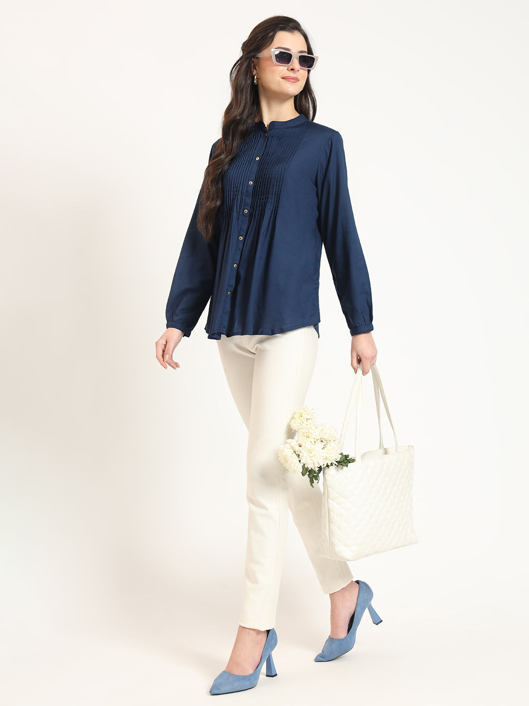 Navy Blue Solid Print Rayon Fabric Straight Top
