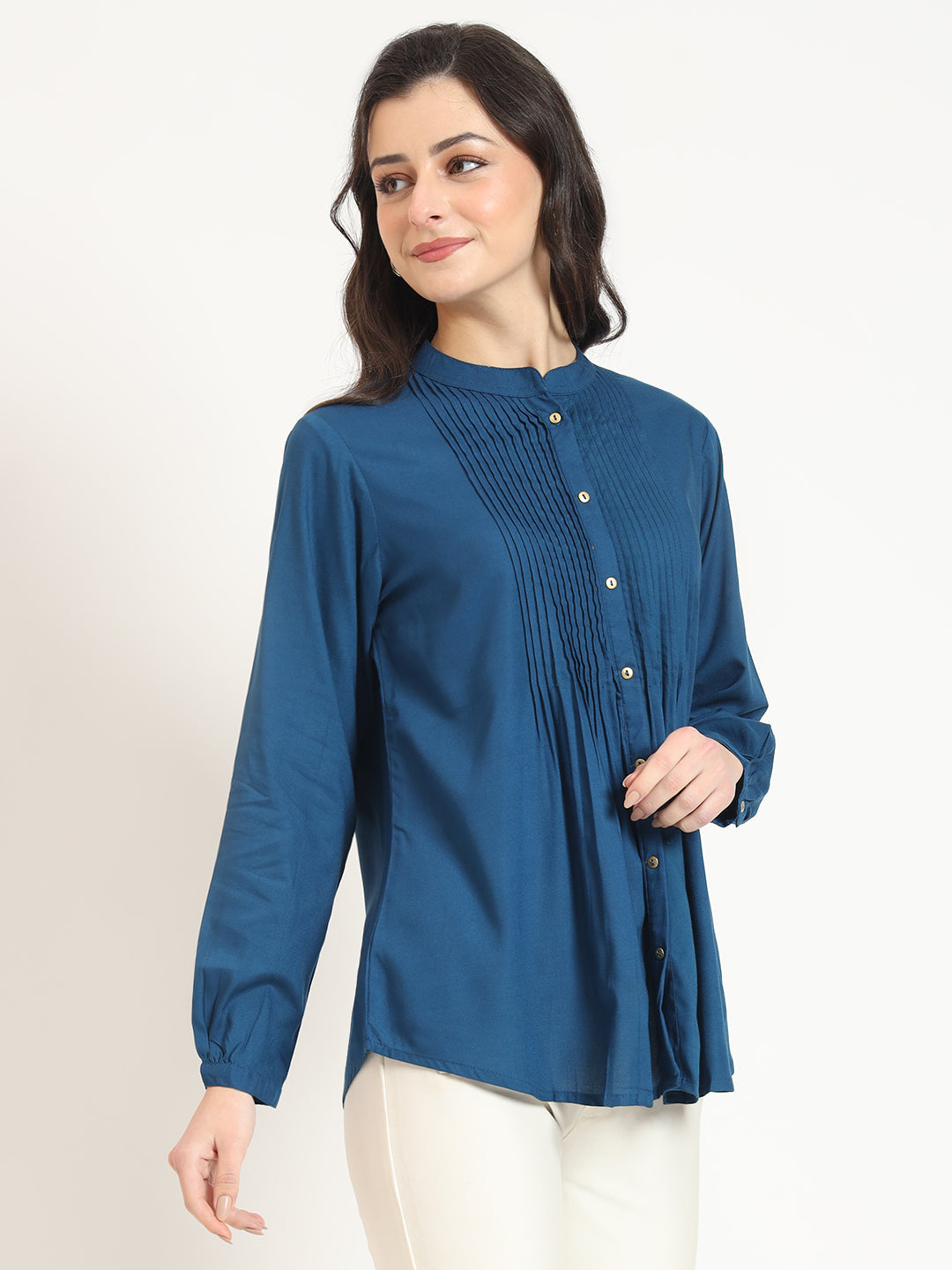 Blue Solid Print Rayon Fabric Straight Top