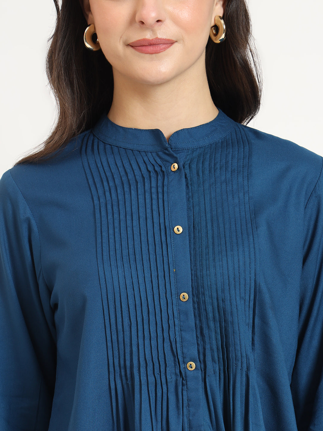Blue Solid Print Rayon Fabric Straight Top