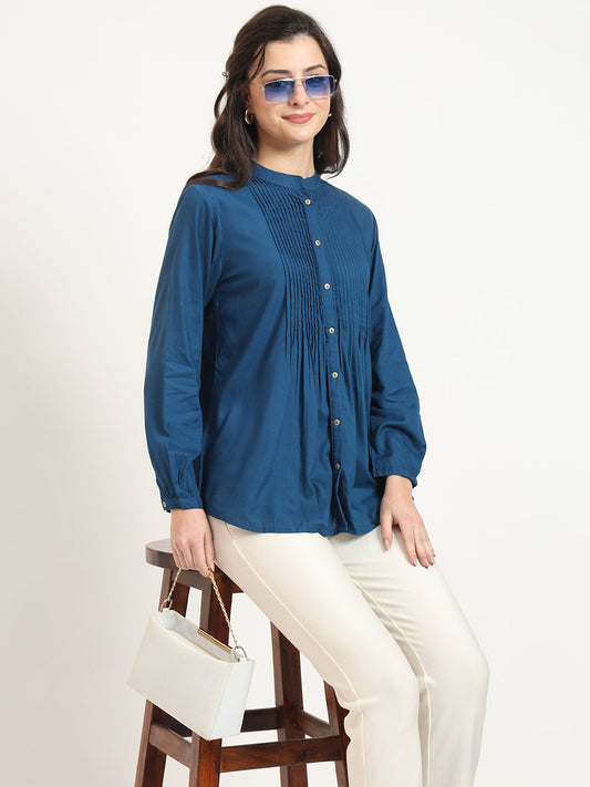 Blue Solid Print Rayon Fabric Straight Top
