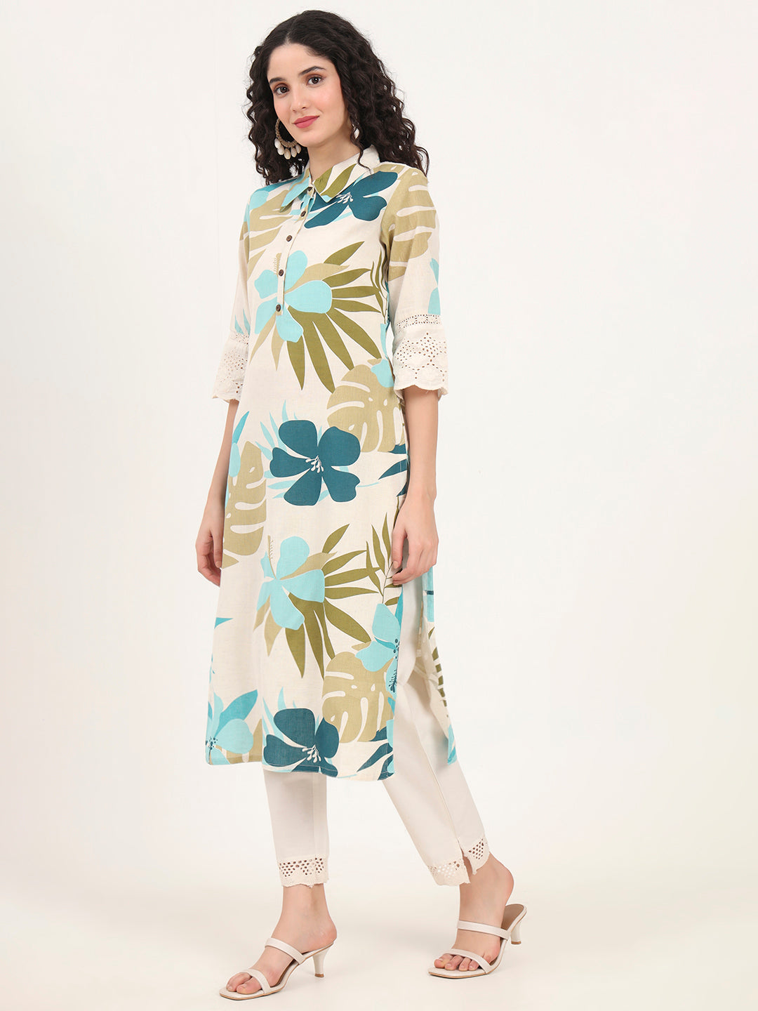 Blue Floral Printed Cotton Kurta
