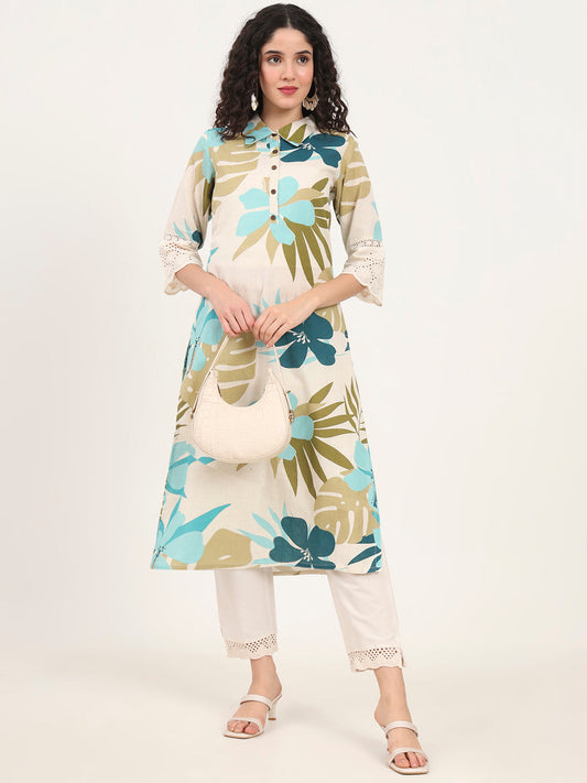 Blue Floral Printed Cotton Kurta