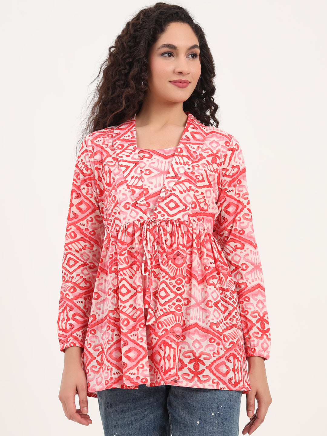 Red Floral Print Cotton Fabric Lepal Coller Peplum Top