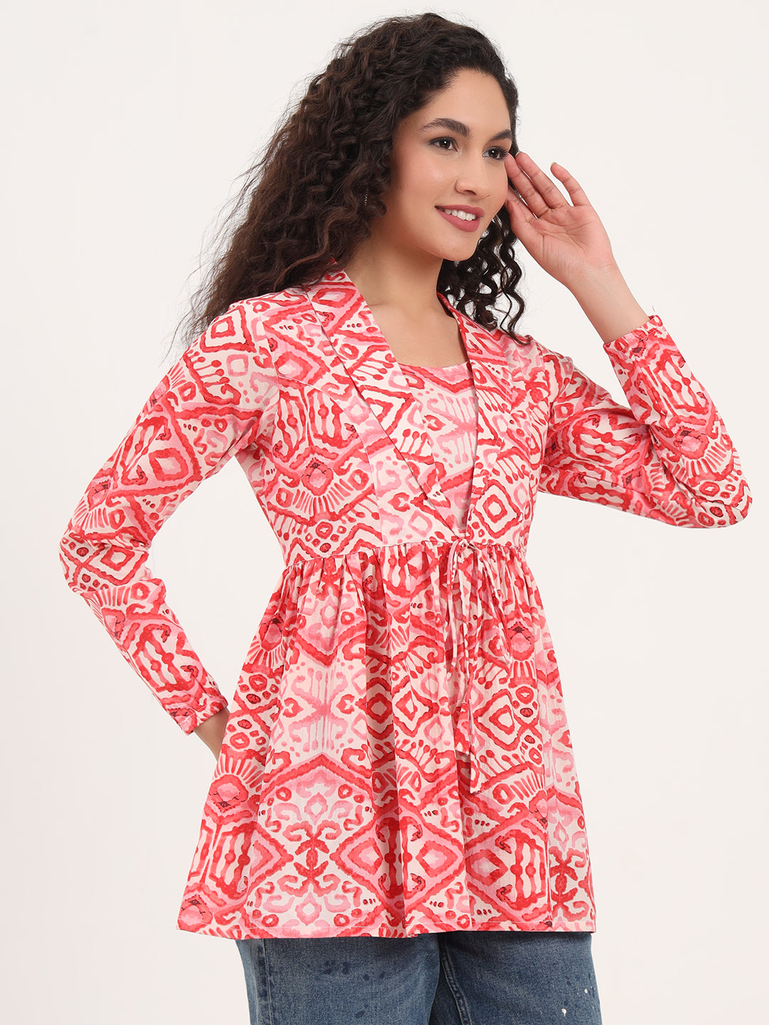 Red Floral Print Cotton Fabric Lepal Coller Peplum Top