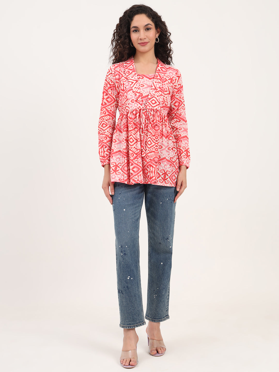 Red Floral Print Cotton Fabric Lepal Coller Peplum Top