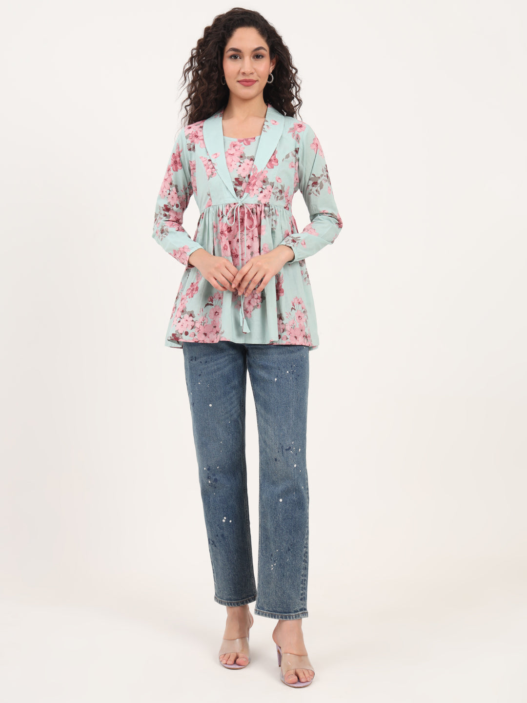 Turquoise Floral Print Cotton Fabric Lepal Coller Peplum Top
