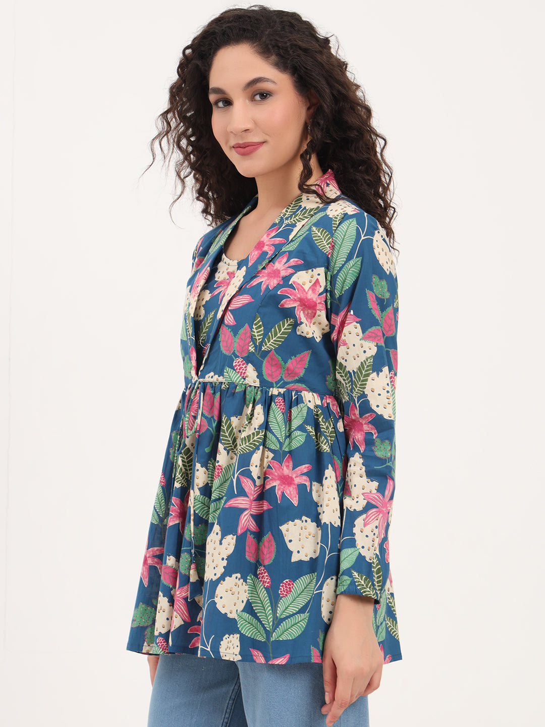 Blue Floral Print Cotton Fabric Lepal Coller Peplum Top