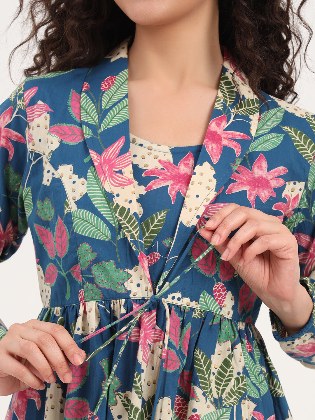 Blue Floral Print Cotton Fabric Lepal Coller Peplum Top