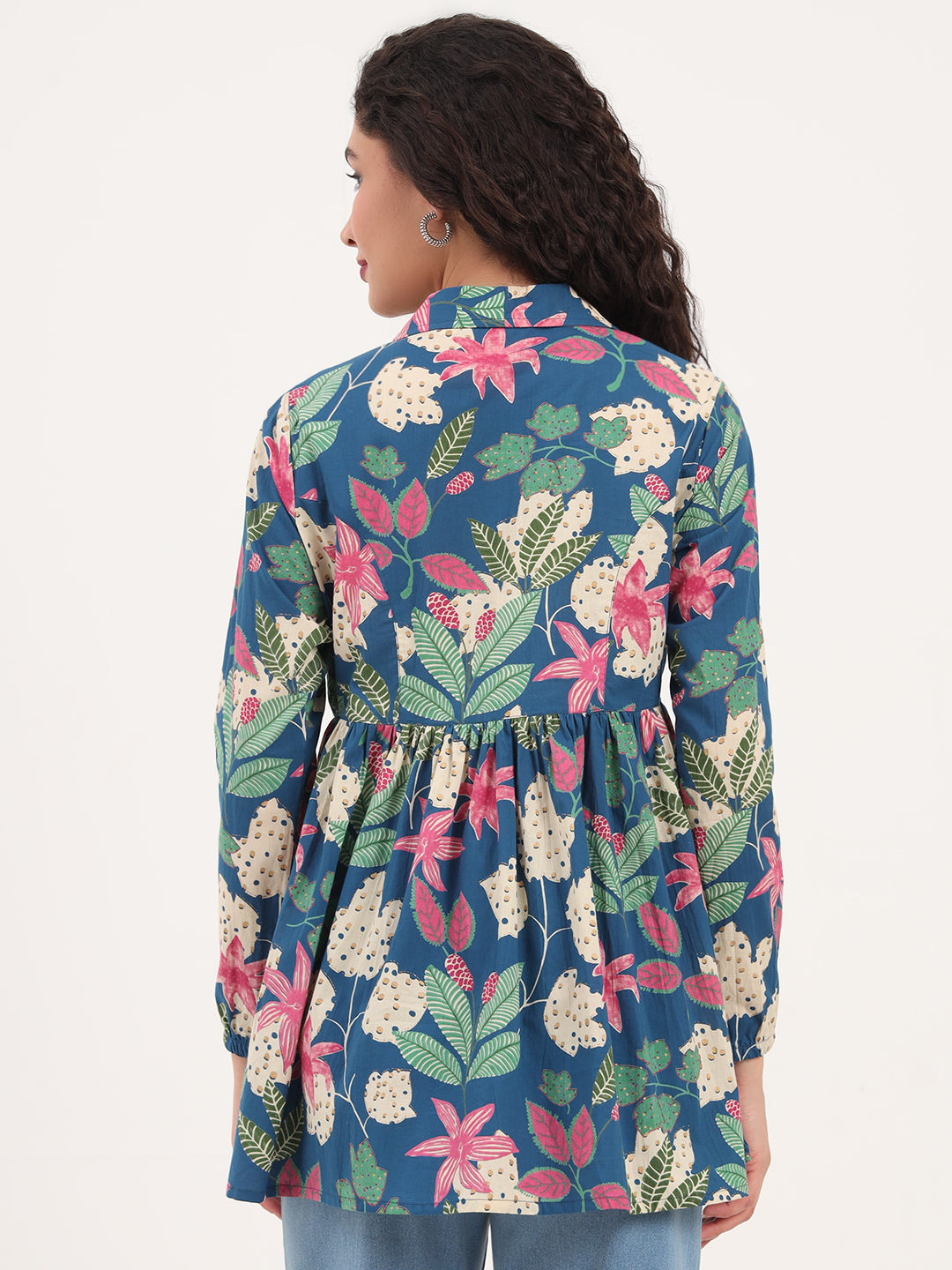 Blue Floral Print Cotton Fabric Lepal Coller Peplum Top