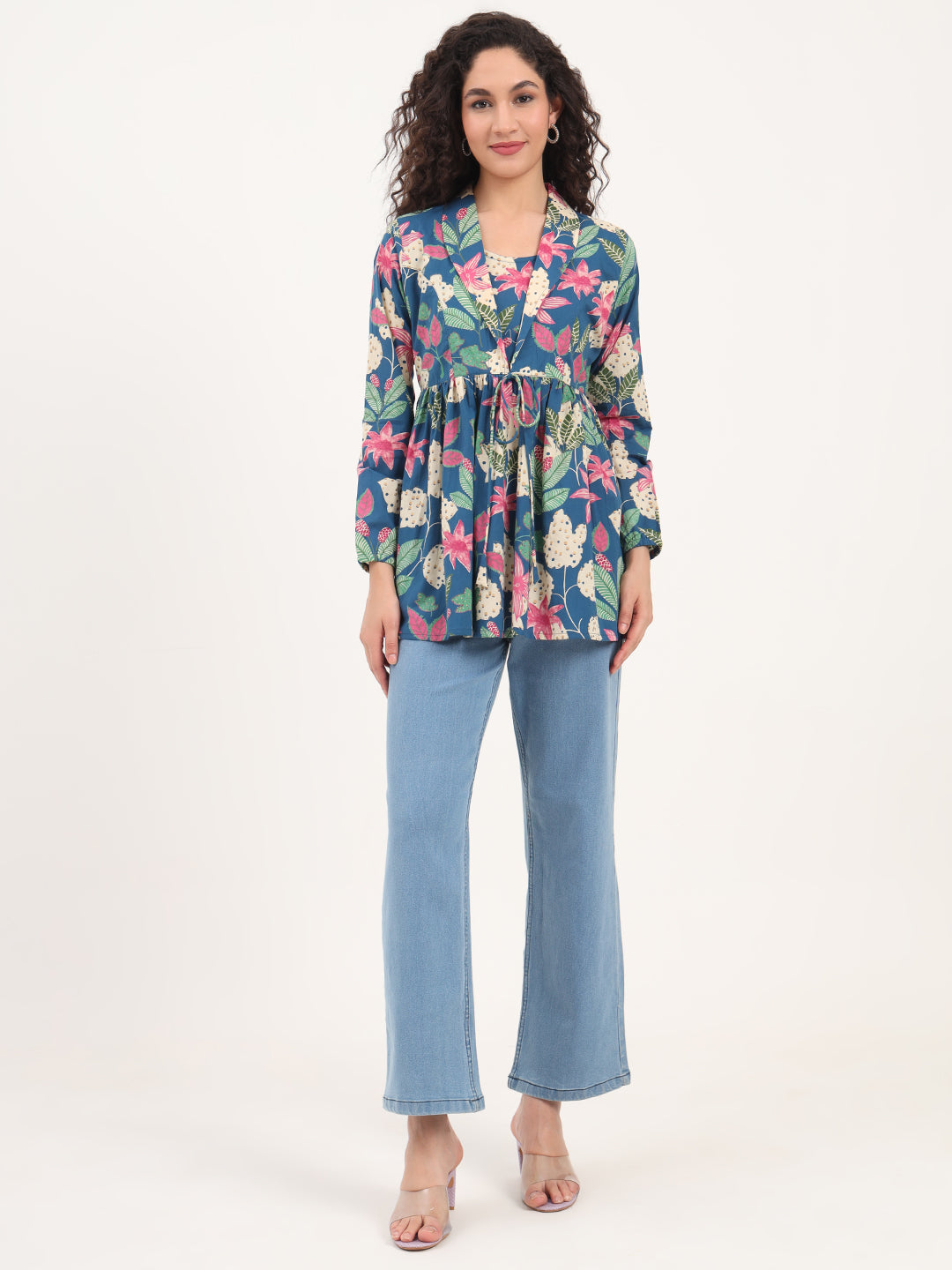 Blue Floral Print Cotton Fabric Lepal Coller Peplum Top