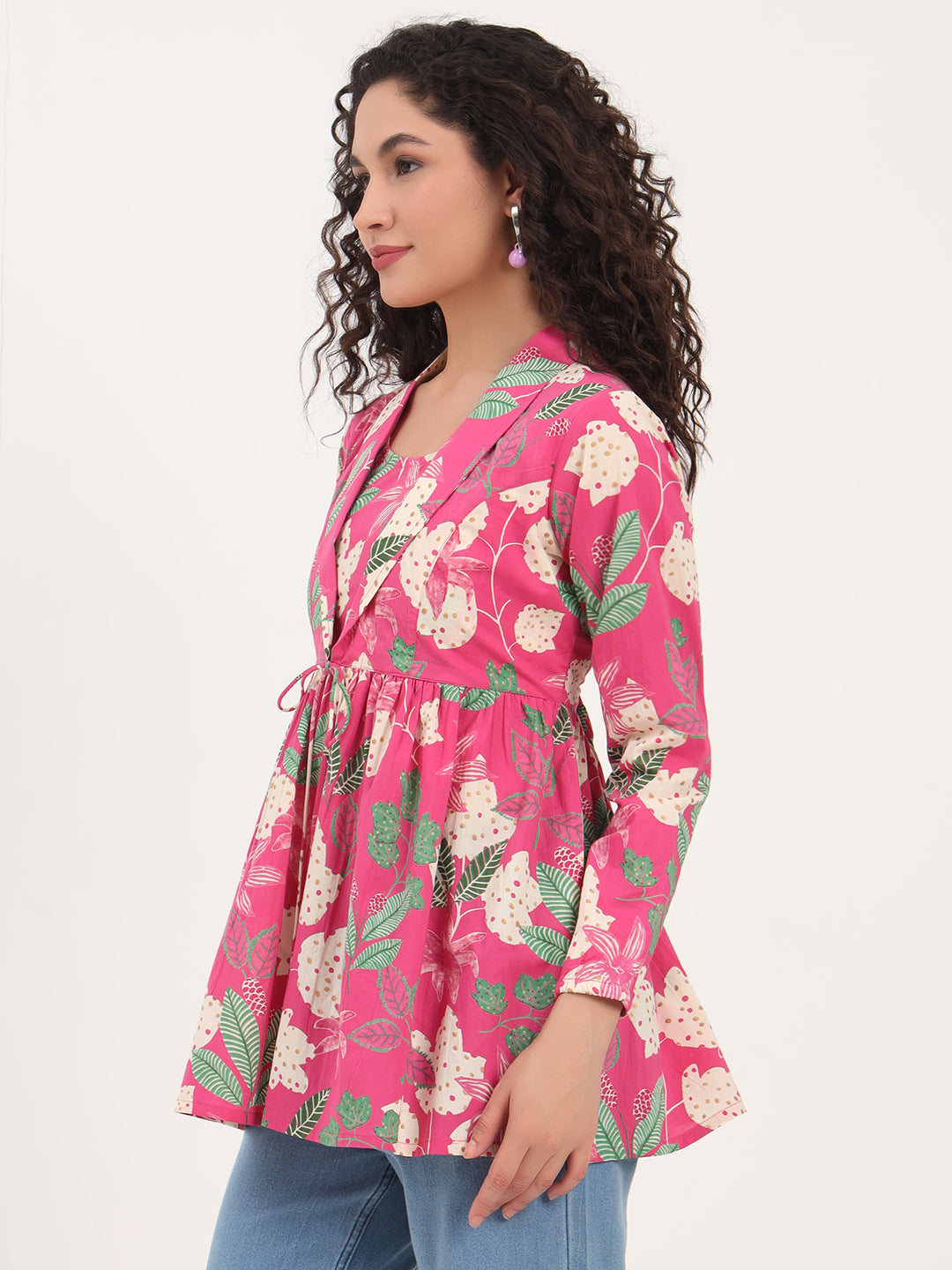 Pink Floral Print Cotton Fabric Lepal Coller Peplum Top