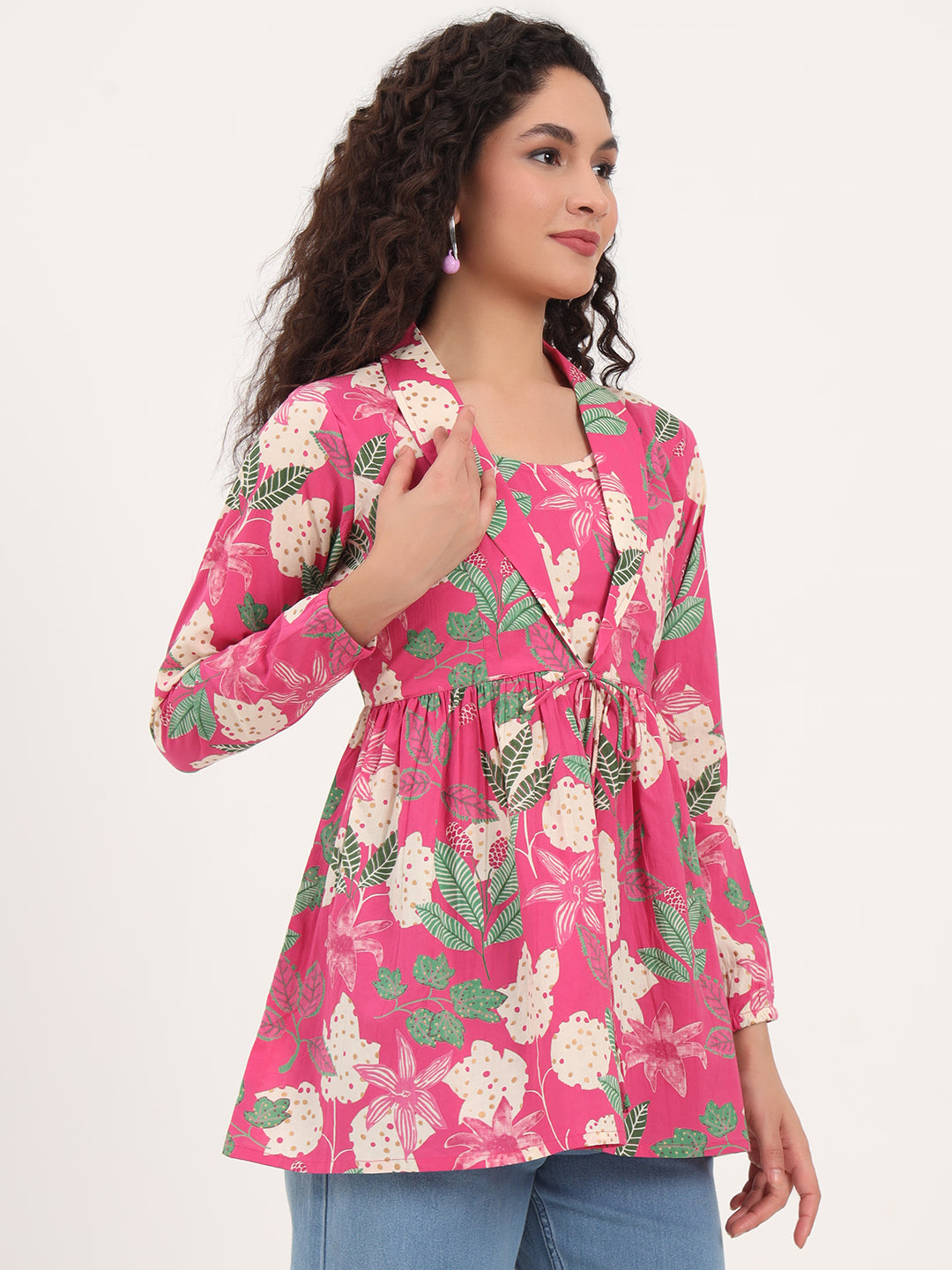 Pink Floral Print Cotton Fabric Lepal Coller Peplum Top