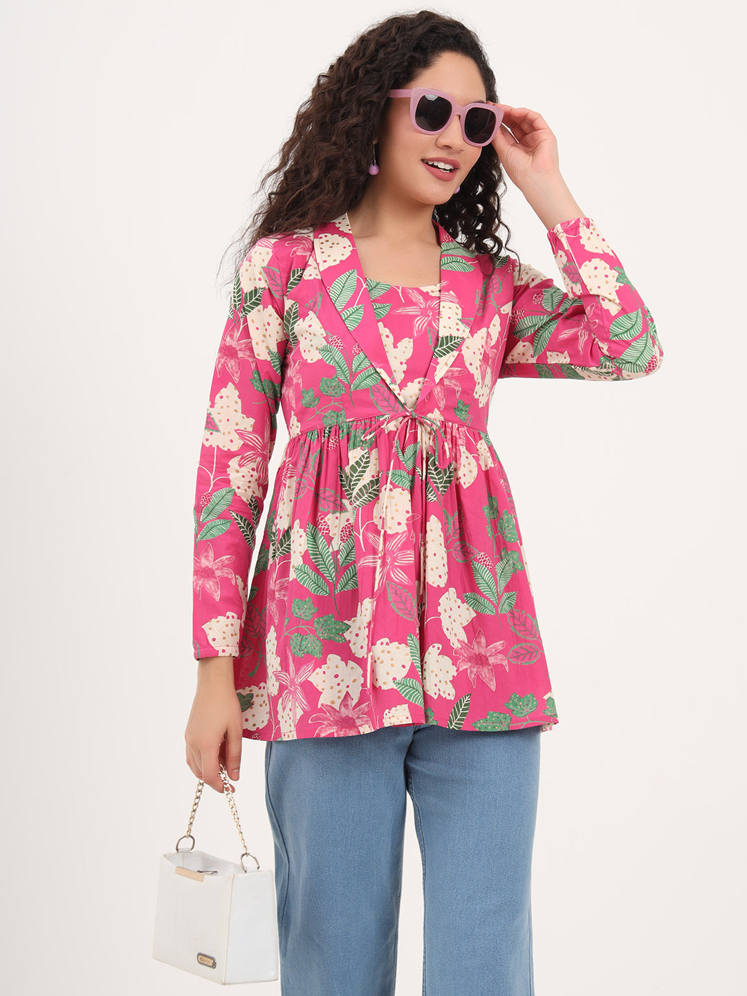 Pink Floral Print Cotton Fabric Lepal Coller Peplum Top