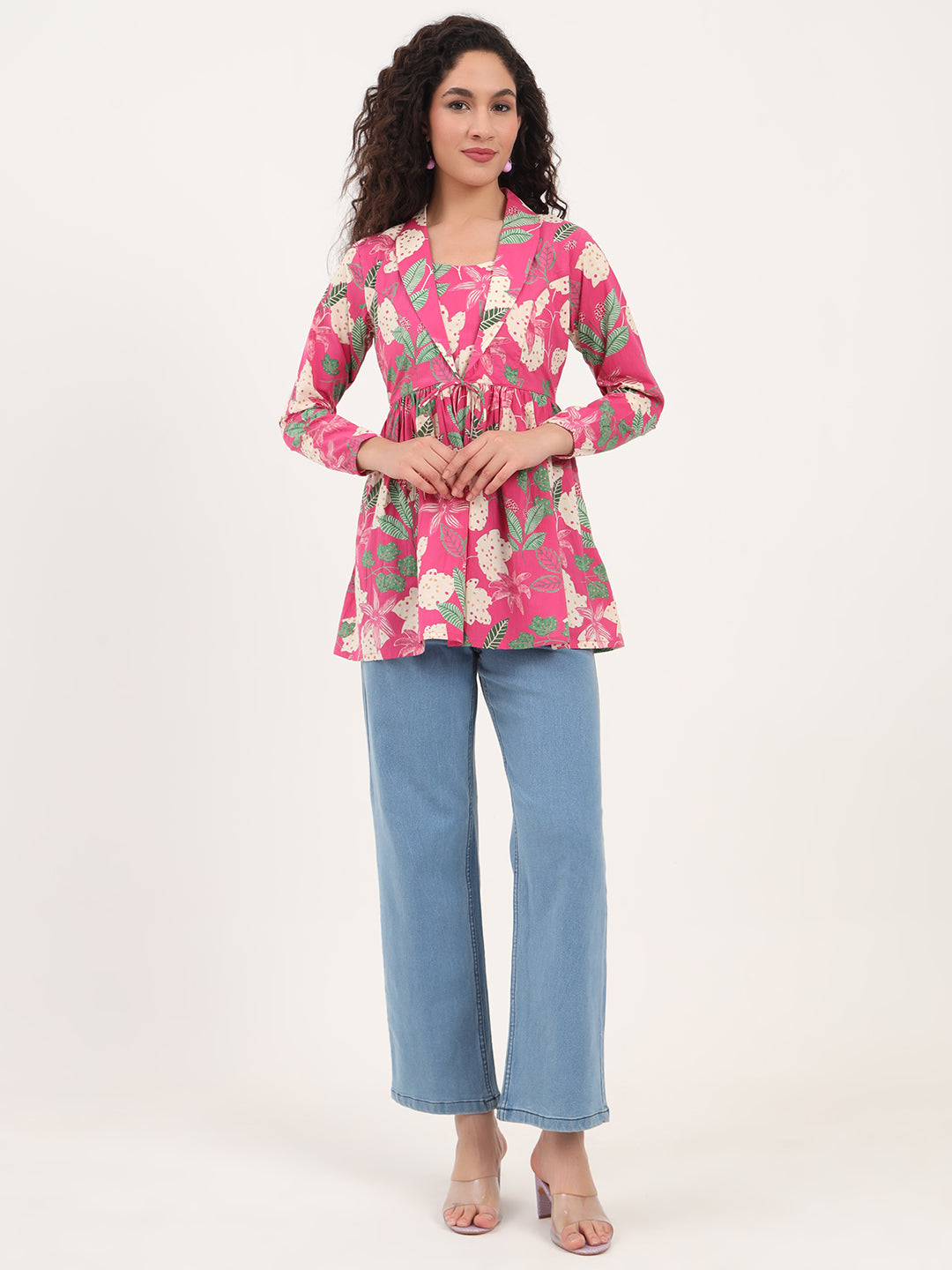 Pink Floral Print Cotton Fabric Lepal Coller Peplum Top