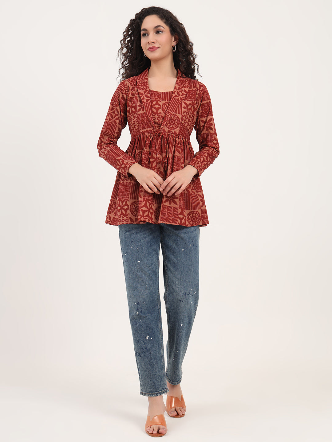 Brown Floral Cotton Fabric Lepal Coller Peplum Top