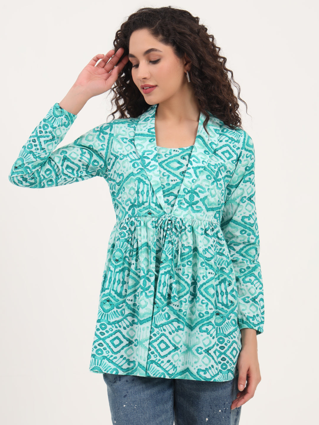 Teal Green Floral Cotton Fabric Lepal Coller Peplum Top