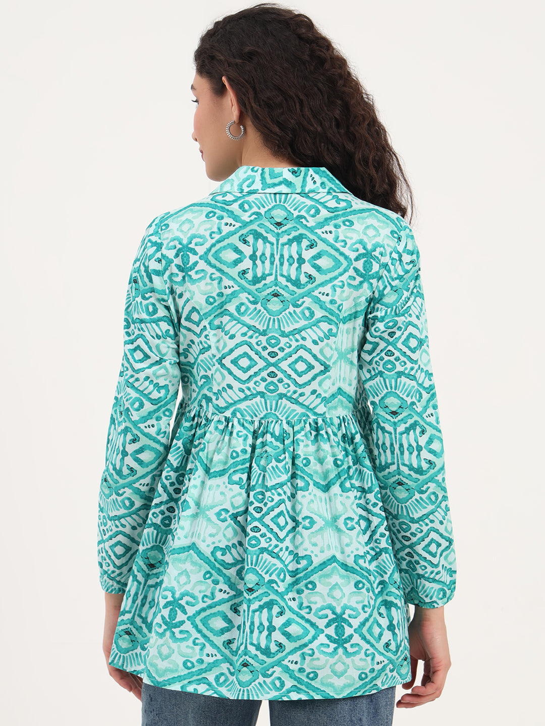 Teal Green Floral Cotton Fabric Lepal Coller Peplum Top