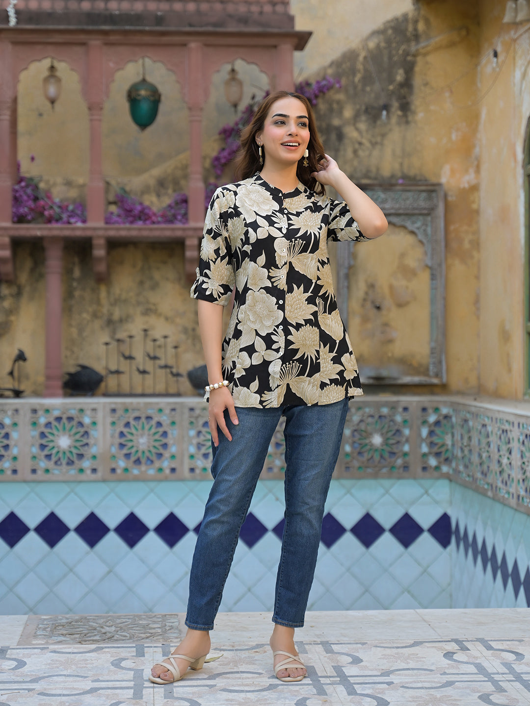 Black Printed Rayon A-Line Top