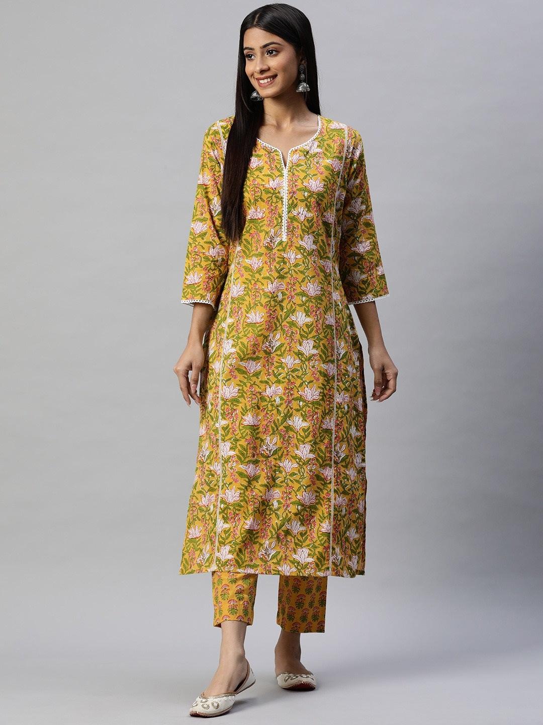 Jamal Jamaloo Yellow Floral Printed Straight Kurta Pant Sets - Jamal Jamaloo