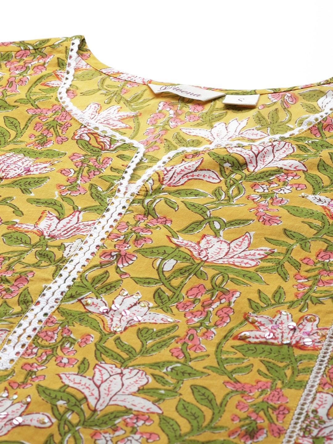 Jamal Jamaloo Yellow Floral Printed Straight Kurta Pant Sets - Jamal Jamaloo