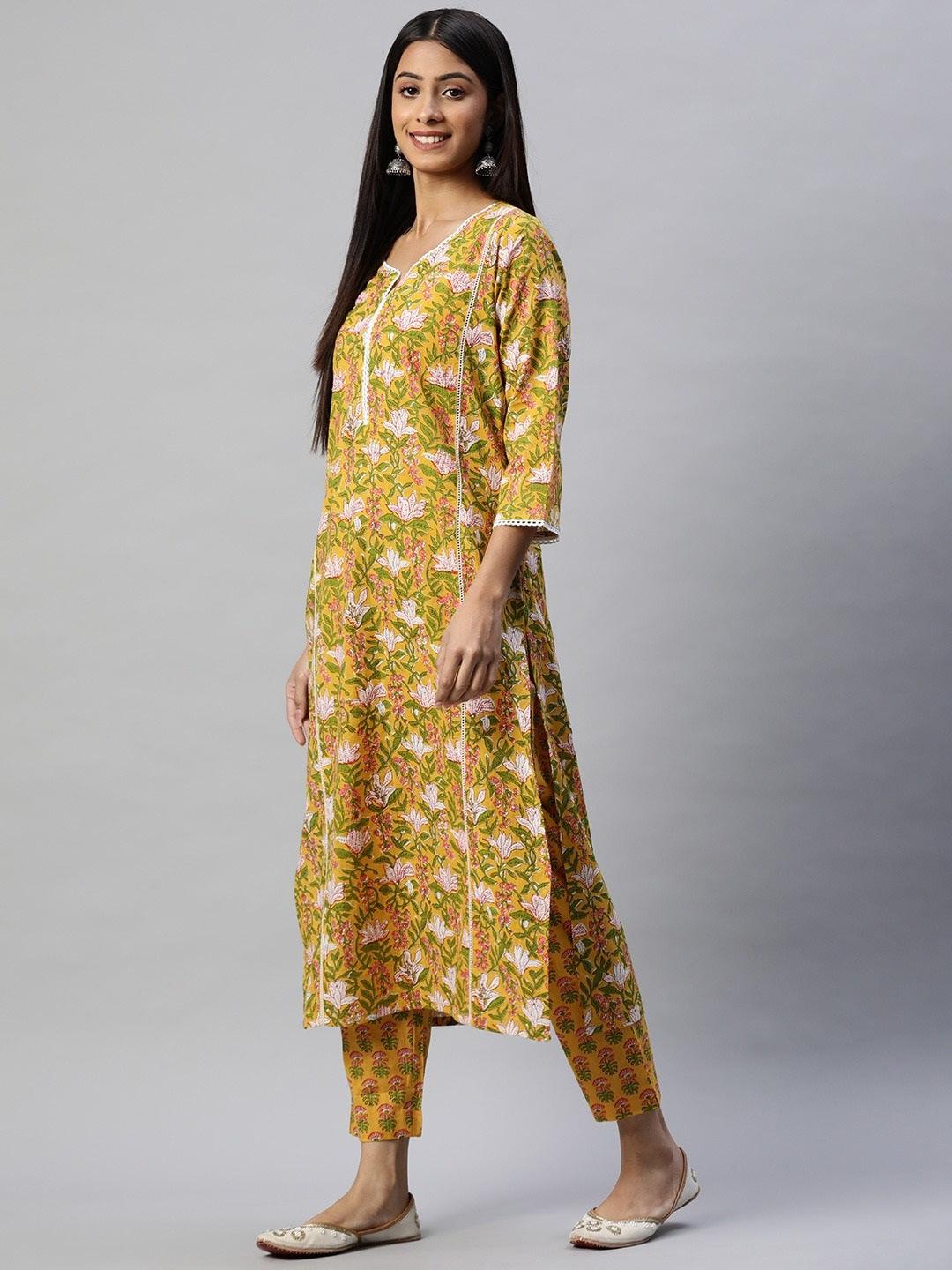 Jamal Jamaloo Yellow Floral Printed Straight Kurta Pant Sets - Jamal Jamaloo