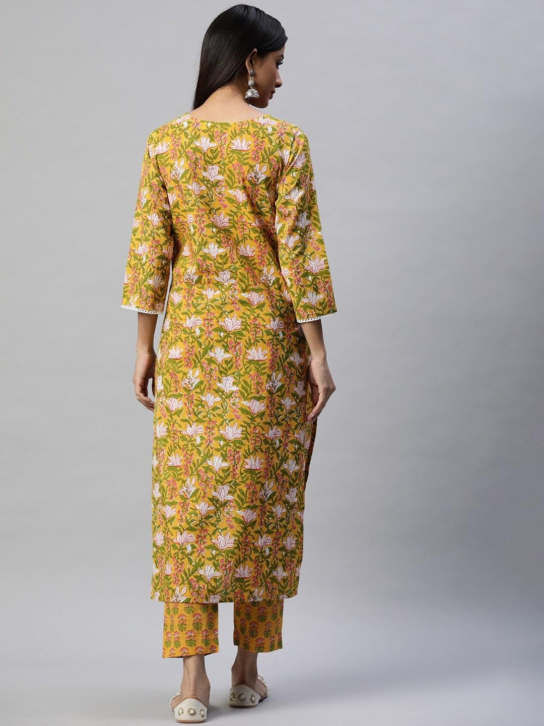 Jamal Jamaloo Yellow Floral Printed Straight Kurta Pant Sets - Jamal Jamaloo