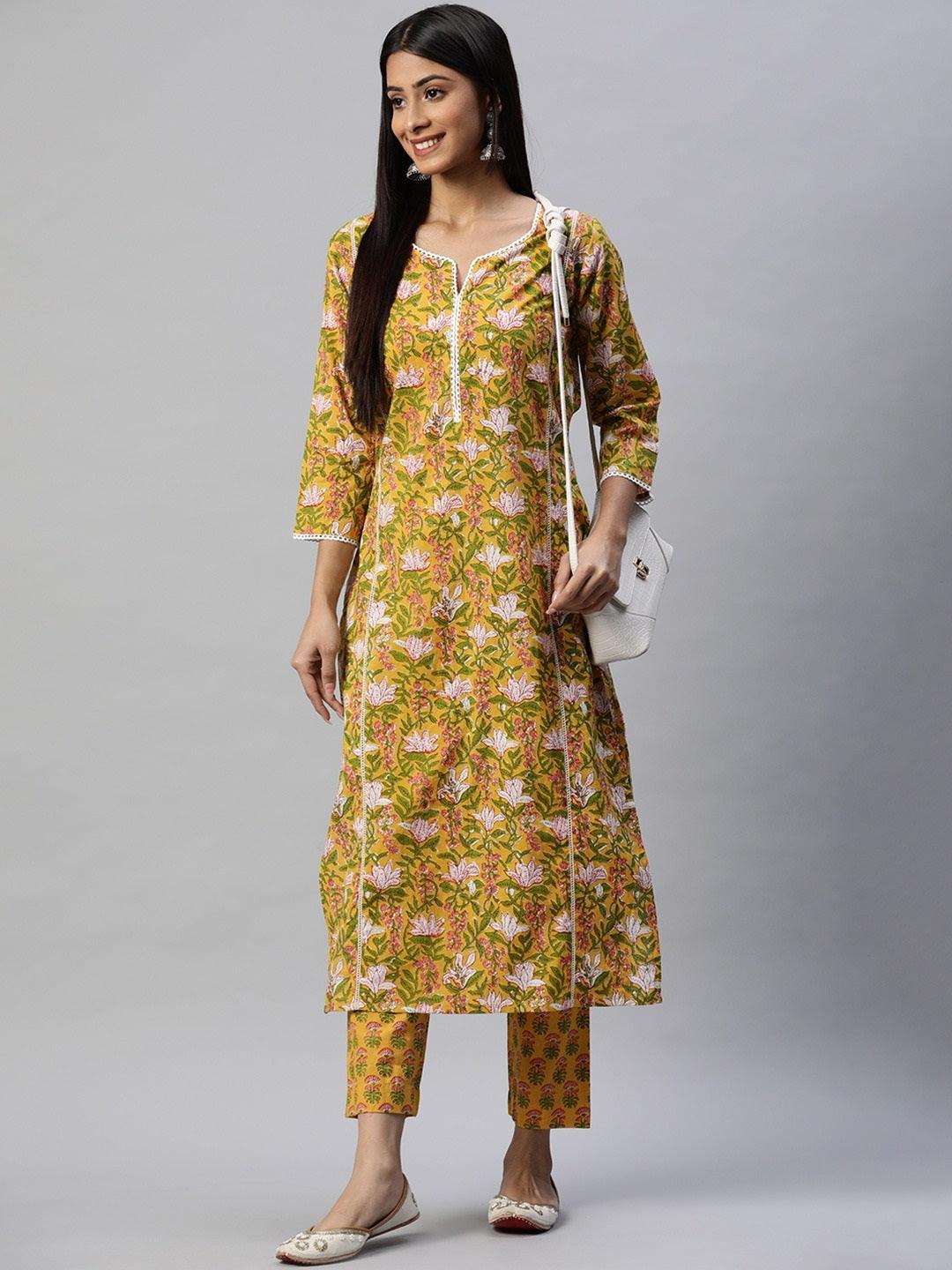 Jamal Jamaloo Yellow Floral Printed Straight Kurta Pant Sets - Jamal Jamaloo