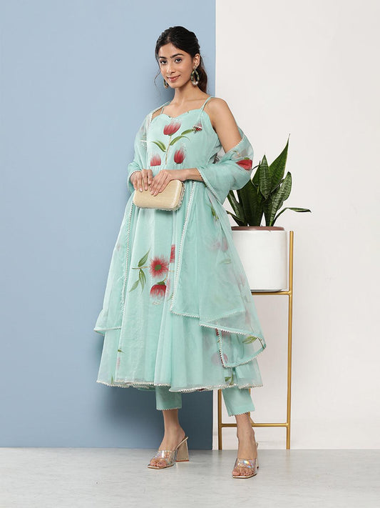 Jamal Jamaloo Sky Blue Hand Painted Floral Organza Anarkali Kurta Pant Set with Dupatta - Jamal Jamaloo