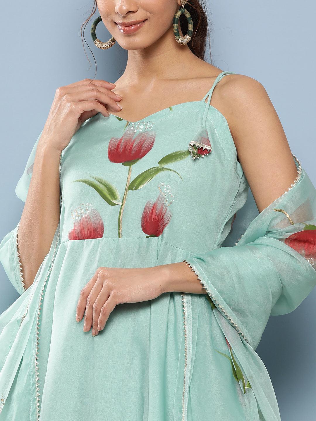 Jamal Jamaloo Sky Blue Hand Painted Floral Organza Anarkali Kurta Pant Set with Dupatta - Jamal Jamaloo